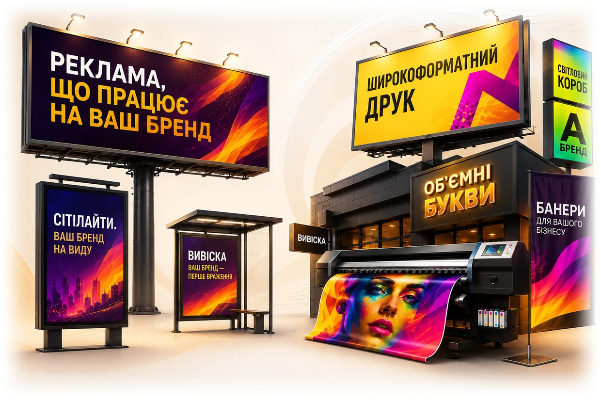 Види зовнішньої реклами: вивіска, об'ємні літери, банер, світловий короб, вітрини